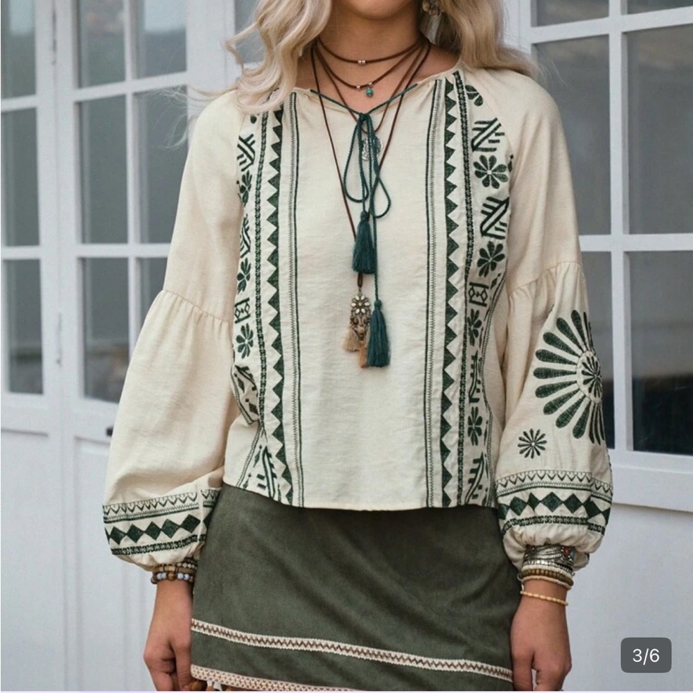 Embroidered Boho Peasant Top in Cream with Olive Green Accents Vyshyvanka